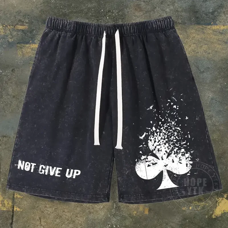 Men'S Black Washed Cotton Shorts with "NOT GIVE UP" Print