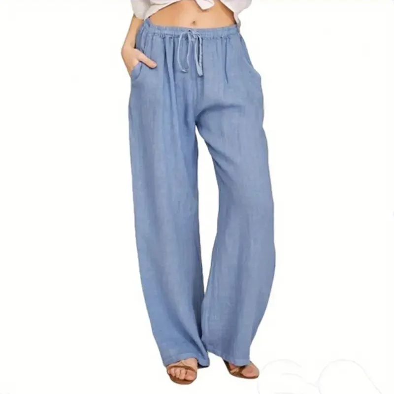 Women's Casual Linen Wide-Leg Pants - Solid Color