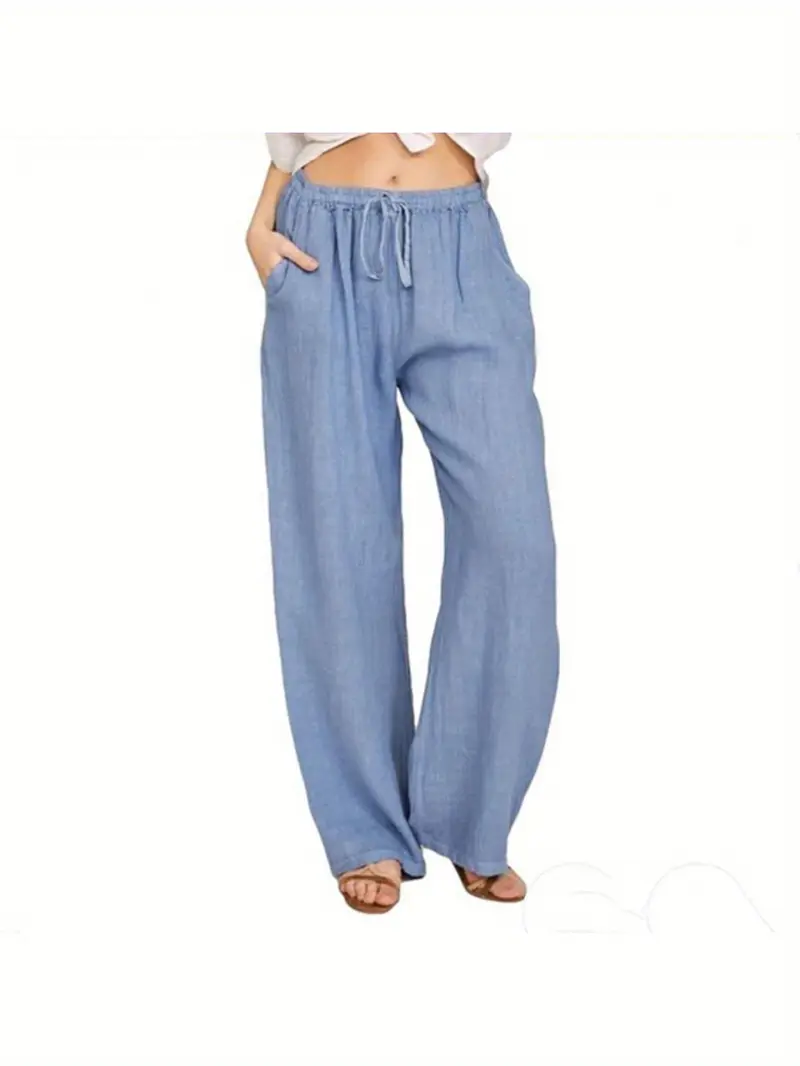 Women's Casual Linen Wide-Leg Pants - Solid Color