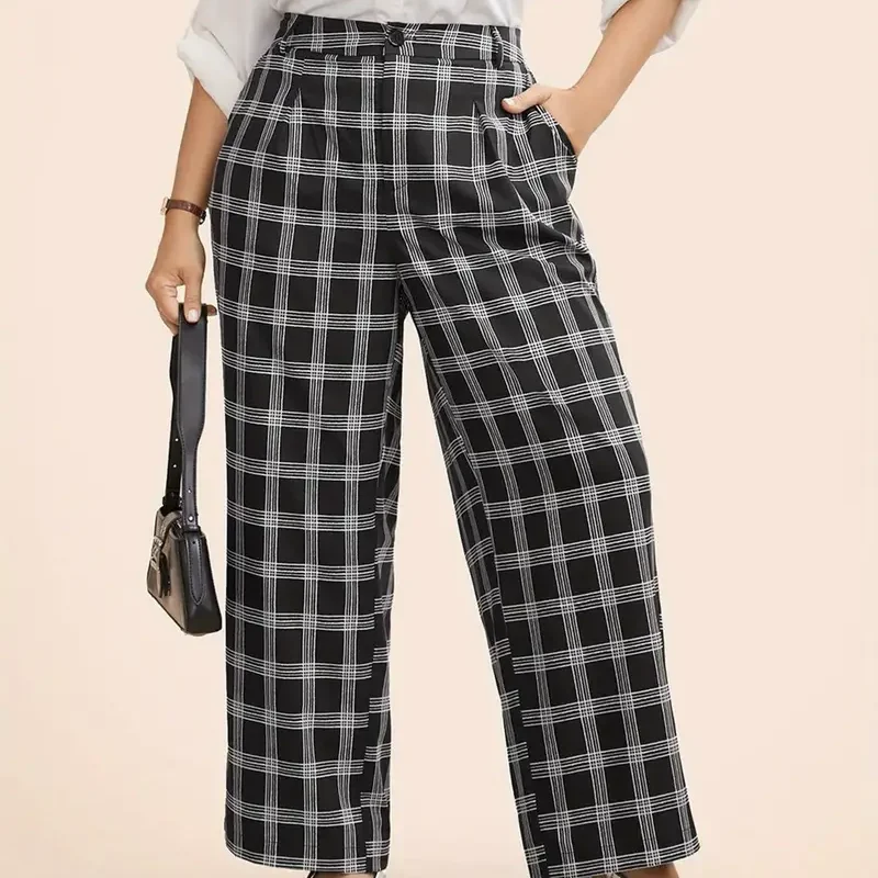 omen Wide Leg Pants Casual Plaid Print