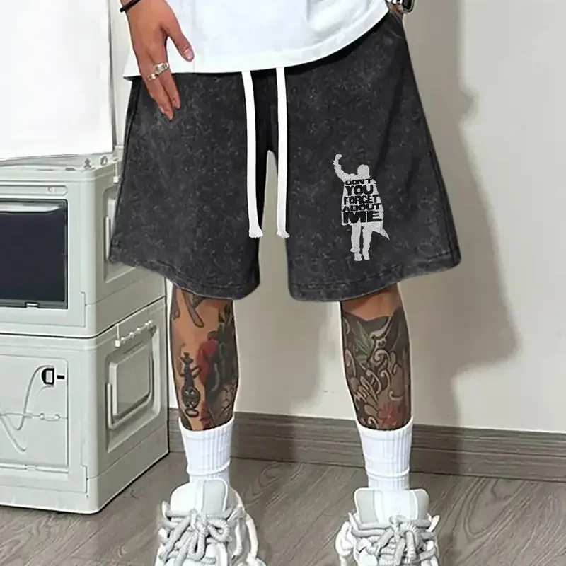 Men'S Vintage Washed Shorts with Artistic Illustration - Comfortable