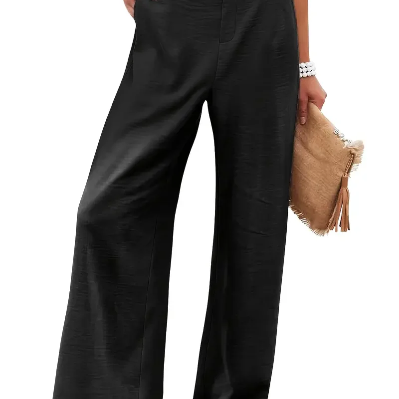 Womens Linen Pants Casual Button Up High Waisted Wide Leg Trousers