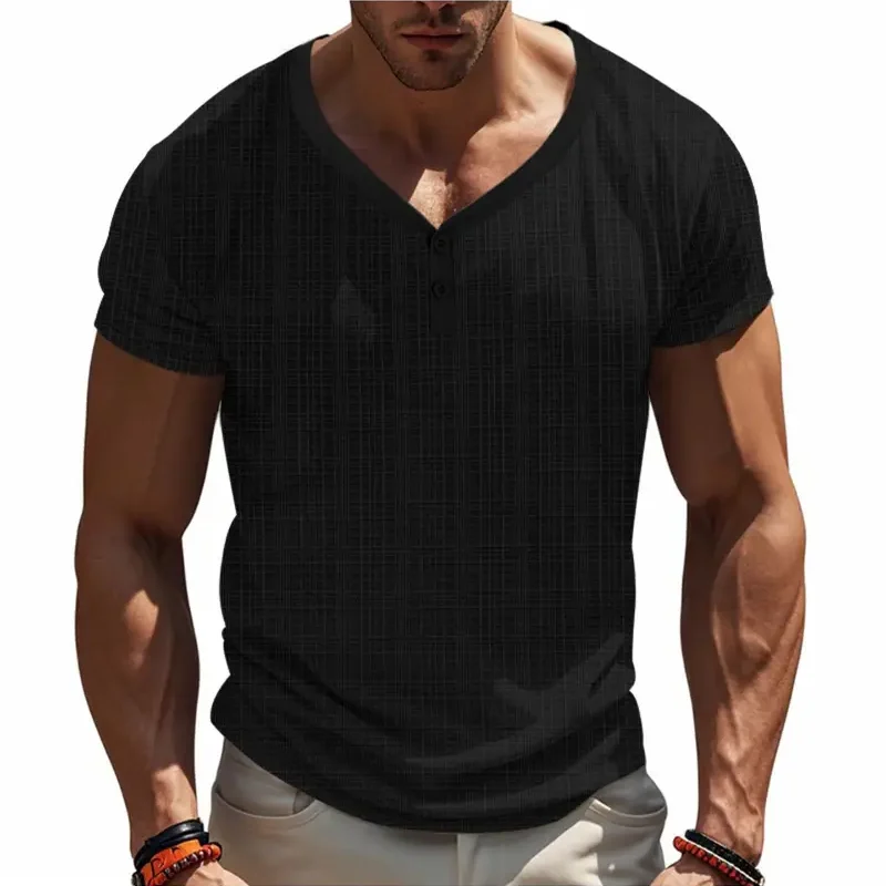 American Style Summer Men'S V-Neck Henley Short Sleeve